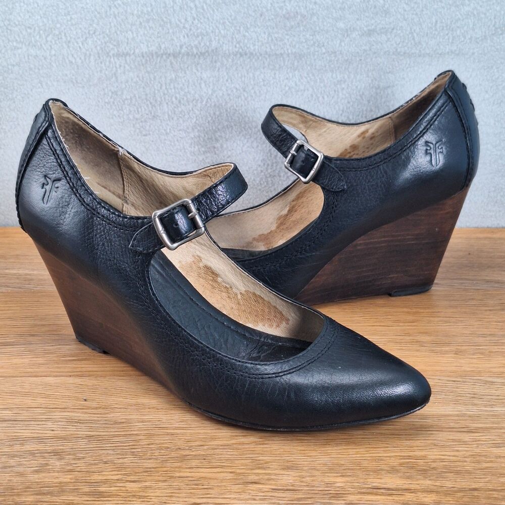Frye Regina Women's 8 Mary Jane Wood Wedge Heels Black Leather Retro Classic